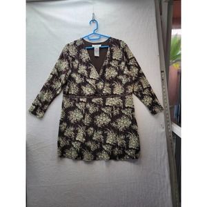 Nine West Brown/Beige Floral Vneck Pullover Blouse, Sz 1X